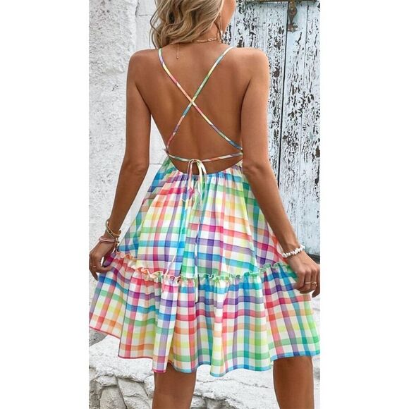 SHEIN Curve Plus Plaid Frill Trim Cami Dress Multicolor OXL - Picture 4 of 10